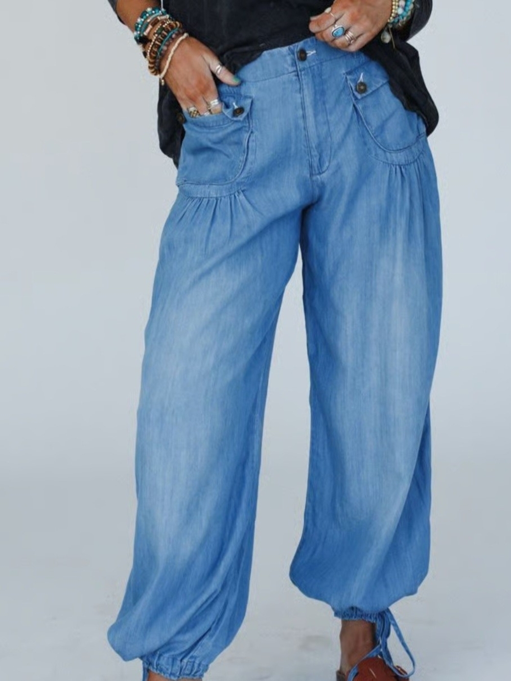 Oli & Hali Light Blue Wide-Leg Drawstring Hem Jeans M